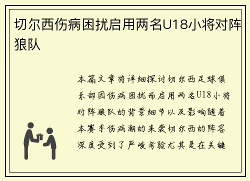 切尔西伤病困扰启用两名U18小将对阵狼队